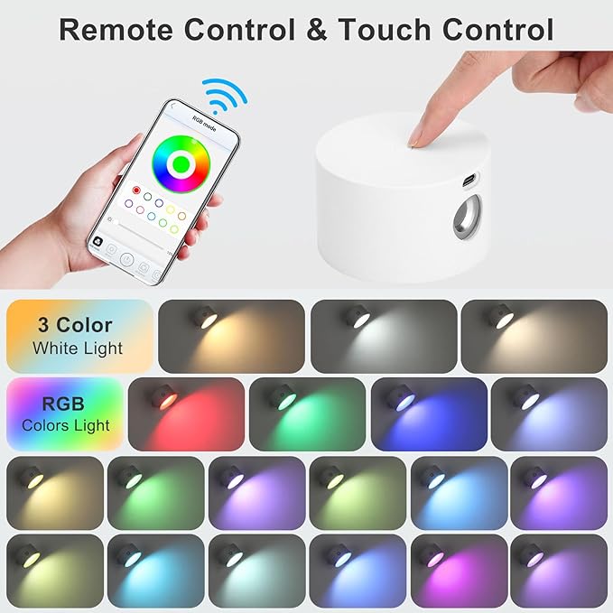 Lightess LED Smart Wall Sconces Set of 2, Dimmable Wall Mounted Lamp with 3 Lighting & RGB & Ambiance Mode, APP & Touch Control, Rechargeable Battery Operated Wall Light for Bedside Reading, White