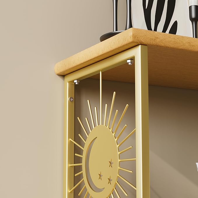 Floating Nightstand Wall Mounted - Natural Solid Wood Night Stand, Bedside Table 2 Tier Shelf, Modern Metal Celestial Side Floating Shelves Decor for Living Room Bedroom