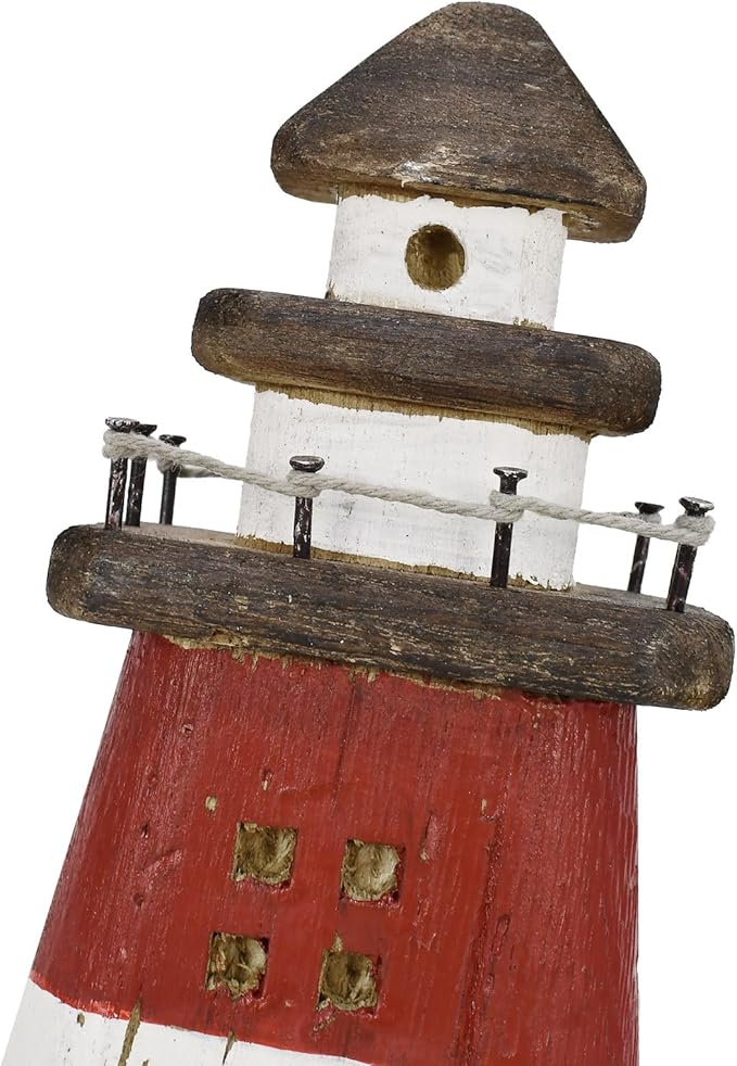K KILIPES Beach Lighthouse for Bathroom Nautical Home Decor, 7.5" H Wood Lighthouse Table Decoration Coastal Centerpiece Hand Crafted Lighthouse Sculpture Ocean Decorations (Red/Blue, S)