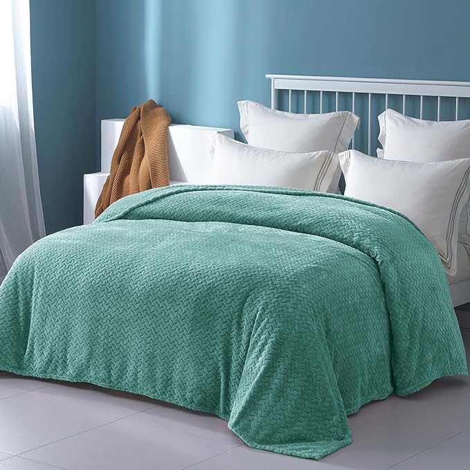 Exclusivo Mezcla Celadon Fleece King Size Blanket for Bed, 90x104 Inches Soft Cozy Jacquard Flannel Blankets, Lightweight Fuzzy Plush Warm for All Seasons