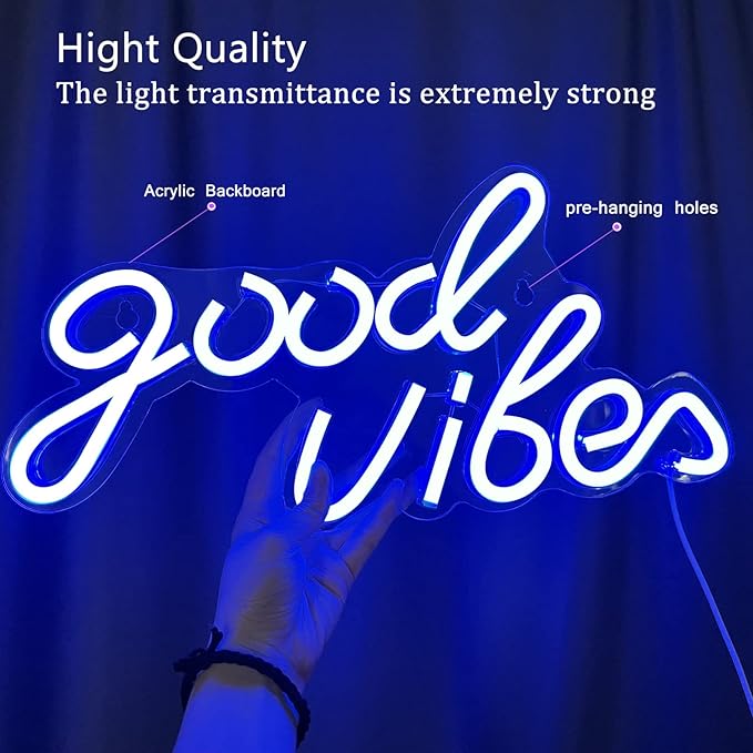 Good Vibes Neon Sign, LED Neon Signs for Wall Decor, Blue Neon Lights for Bedroom & Party Art Decor, USB Powered Bright Neon Light for Lover, Friends
