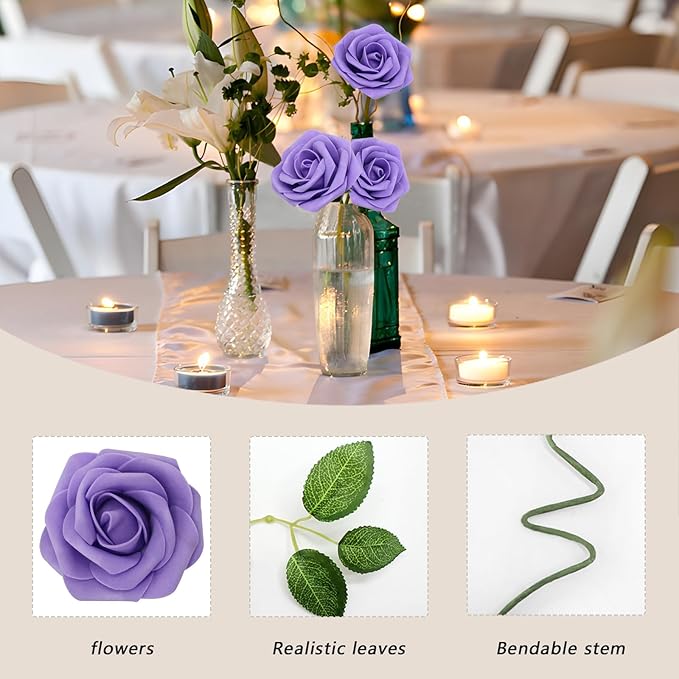 50PCS Artificial Flowers Purple Roses Real Looking Foam Fake Roses with Leaves and for DIY Wedding Bouquets Bridal Shower Centerpieces Party Decorations (Purple, 50)
