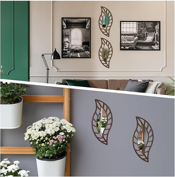 Roowest 2 Pcs Decorative Mirror Wall Decor Leaf Teardrop Mirror Wall Mounted Decorations for Living Room Bedroom Bathroom Vanity Entryway Office(Brown)
