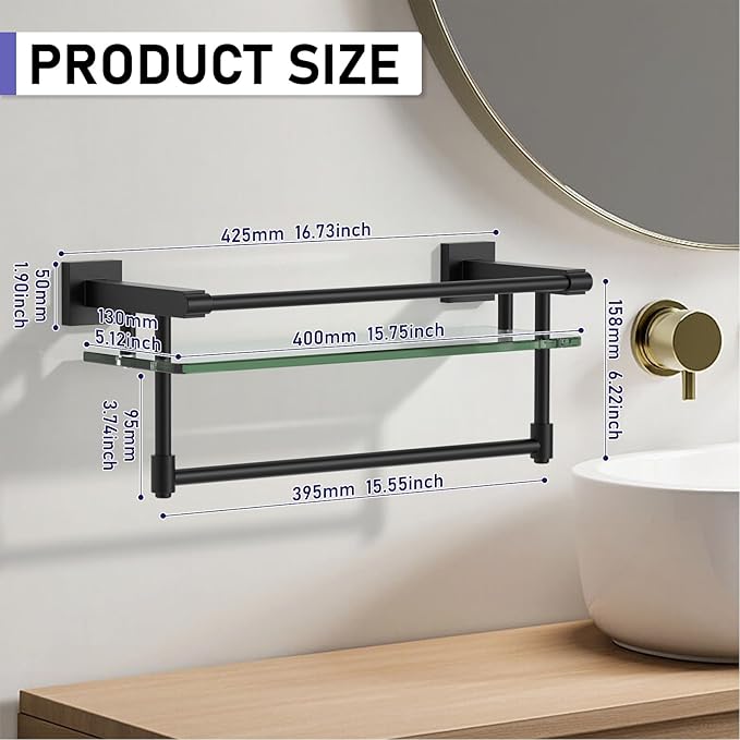 Glass Shelf for Bathroom 16 Inch Bathroom Shelves with Towel Bar, Tempered Glass Shelves with Stainless Steel Towel Holder for Wall Shelf Sink Over Toilet (Matte Black)