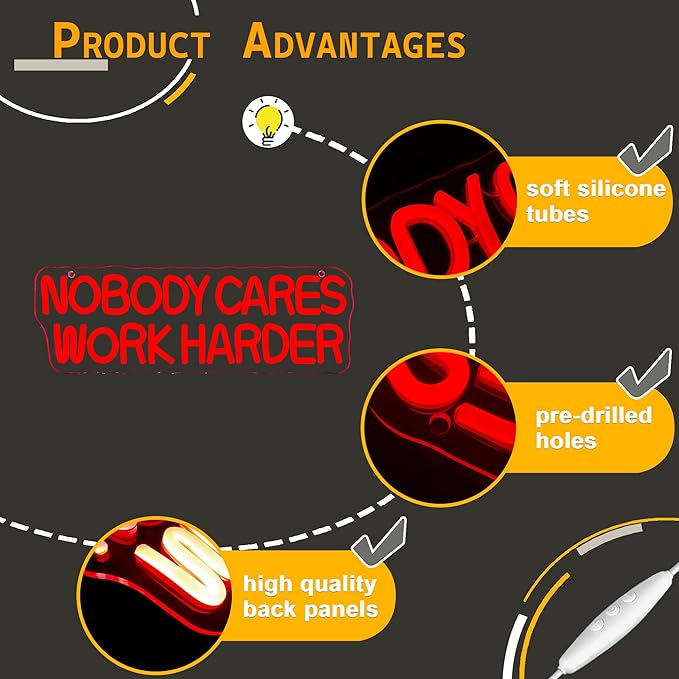 Nobody Cares Work Harder Neon Sign, Motivational Neon Light USB Powered Lnspirational LED Neon Light Wall Art, for Office Study Room Or Gym Teen Bedroom Modern Decor(15.7 * 5.1 In)