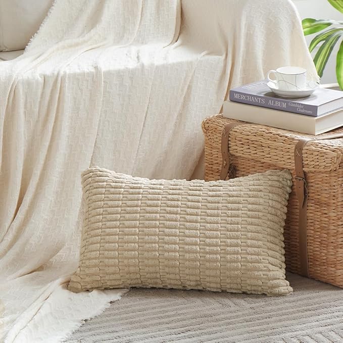 Fancy Homi 4 Packs Tan Decorative Throw Pillow Covers 12x24 Inch for Living Room Couch Bed Sofa, Beige Rustic Farmhouse Boho Home Decor, Soft Plush Striped Corduroy Square Cushion Case 30x60 cm