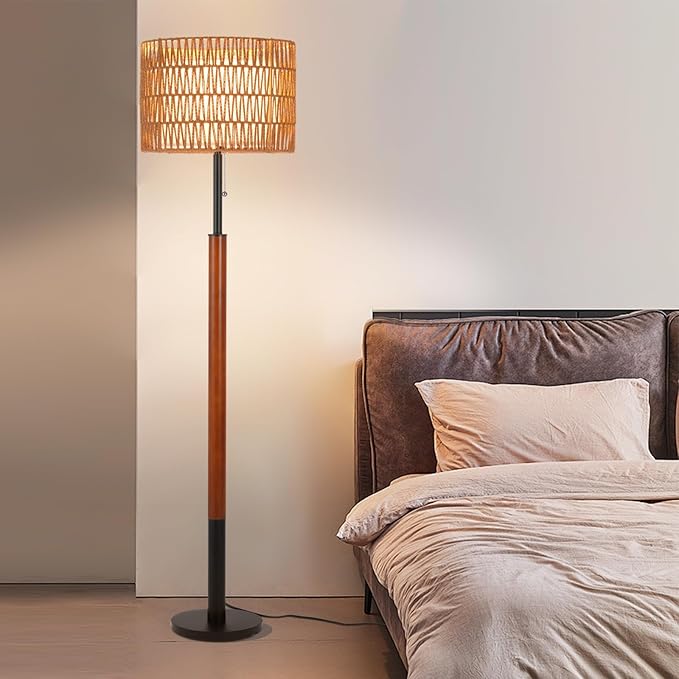 Boho Floor Lamps for Living Room, Rattan Floor Lamp with 3-Way Dimmable Bulb, Wood Floor Lamp with Rattan & Fabric Shades, Solid Wooden Pole Boho Standing Lamps, Large Floor Lamps for Bedroom Office