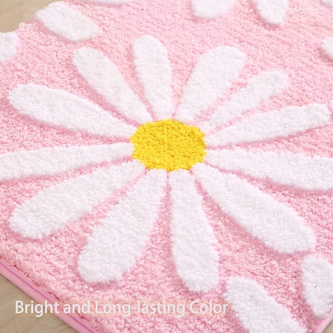 QJHOMO Pink Bathroom Rugs Cute Daisy Bath Mat White and Yellow Flower Decor Rug Non Slip Floor Carpet Microfiber Bathmat Super Absorbent Machine Washable Bathtub Mats for Shower (24x36 inch)