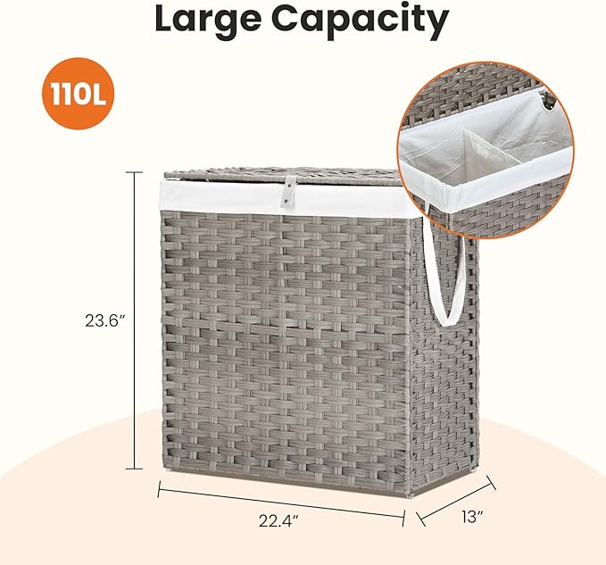 Sweetcrispy Foldable Laundry Hamper–Large Capacity Clothes Basket with Lid, 29.1 Gallon (110L) Bin for Bedroom, Bathroom, and Wash Room–Double Insert Storage Organizer, Dove Gray