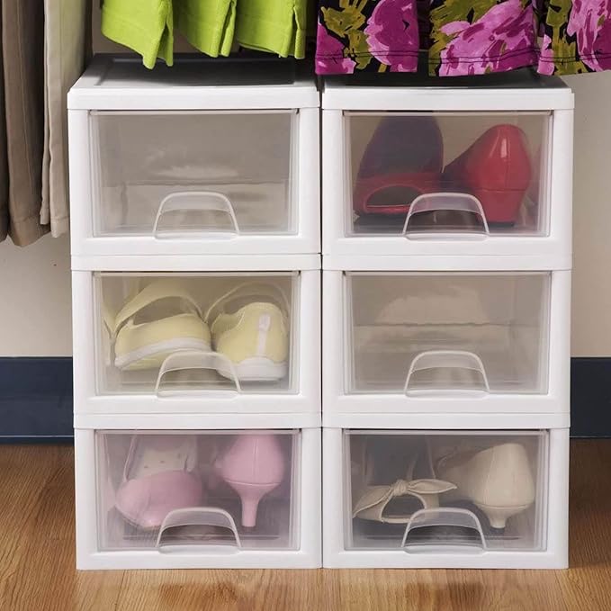 Sterilite 6-Pack 6 Quart Stacking Drawer, Clear Storage Closet Organizer, White Frame - Stackable Modular Plastic Drawers for Clothes, Accessories, Craft Supplies, Shoes or Linens
