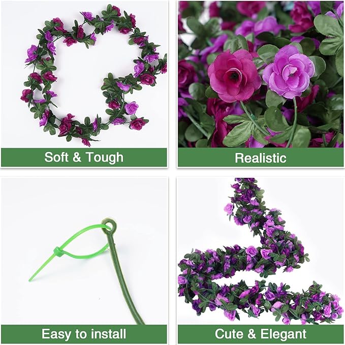 BLEUM CADE 12Pcs 98.4Ft Flower Garland Artificial Rose Vines for Bedroom, Cute Fake Hanging Flower Vines Floral Garland Decorations for Wedding Party Wall Room Decor Aesthetic