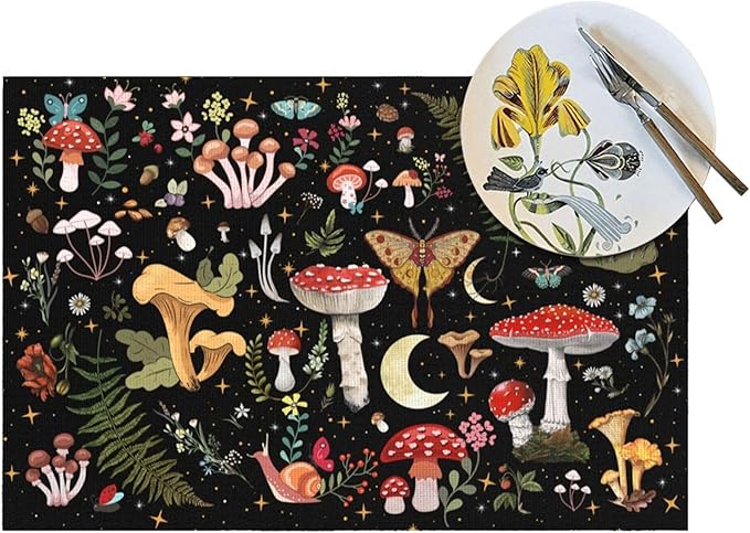 Mushroom Placemats Set of 4, Moth Gothic Witchy Table Mats, Heat Resistant Washable Placemat for Kitchen Dining Tables Decor, Black and Red Linen Place Mats 12"x18", Witchy Gifts for Women