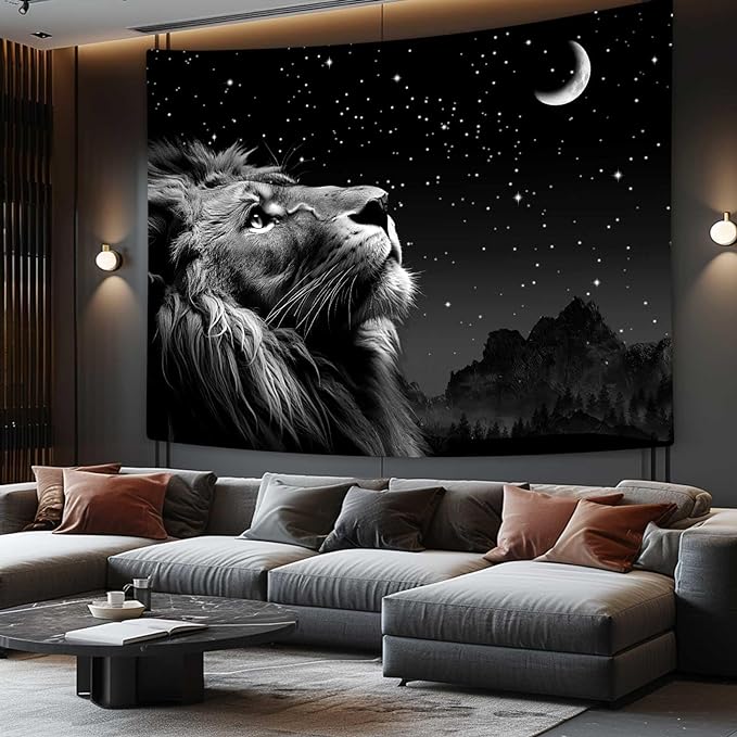 Boziqr Cool Lion Wall Hanging, Space Stars Moon Wall Art for Men, Aesthetic Black Wall Hanging for Bedroom, Living Room, Dorm Room Decor - 60x40 Inches