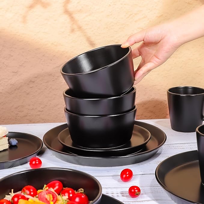 Plates and Bowls Sets, 16 Pieces Dinnerware Sets, Service For 4, Black