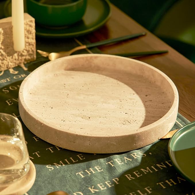 Travertine Marble Vanity Tray, Round Ottoman Tray Minimalist Modern Decorative & Fruit Serving Plate for Bathroom, Kitchen, Nightstand, Coffee Table Decor, Jewelry Ring Dish Holder, Beige