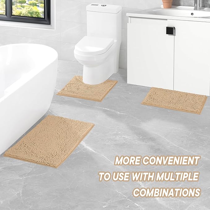 ZiYiJuan Bathroom Rugs, Super Absorbent Luxury Shaggy Chenille Bath Mats,Beige 20x20_17x24_20x32
