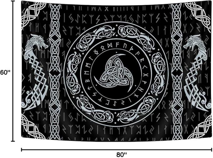 Viking Art Tapestry, Raven Ancient Rune Dragon Totem Norse Mythology Tapestries, Black White Mystical Geometric Norse Mythology Tapestry Wall Hanging for Living Room Bedroom Decor, 80x60