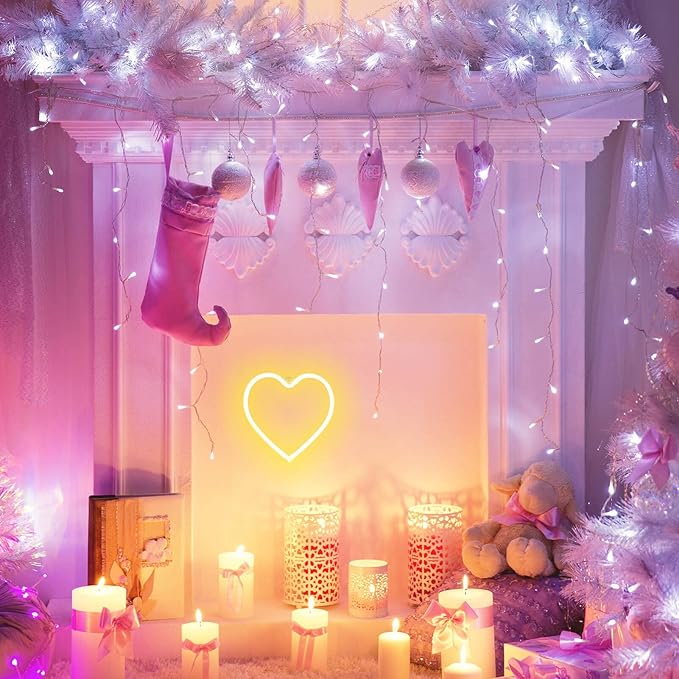 LED Light Neon Sign Room Decor - Yellow Night Light for Valentines Day - Hanging USB/Battery Operated Heart Lights for Window (Warm White)