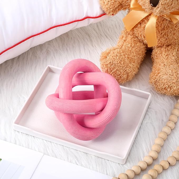 Yalikop 3 Link Wood Knot Decor - Hand Carved Coffee Table Decoration, Boho Chain Link Decor, Modern Shelf, Rustic Objects for Home Living Room Bedroom(Pea-Pink)