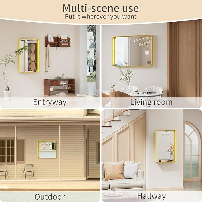 Koonmi Gold Wall Mirror for Bathroom, 24x36 Inch Matte Deep Framed Rounded Rectangle Vanity Mirror for Farmhouse Living Room, Tempered Glass, Anti-Rust, Vertically or Horizontally