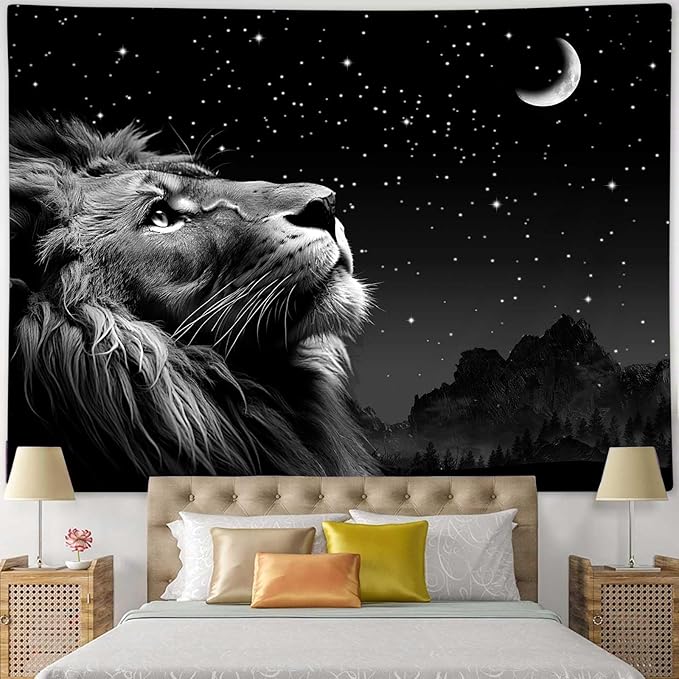 Boziqr Cool Lion Wall Hanging, Space Stars Moon Wall Art for Men, Aesthetic Black Wall Hanging for Bedroom, Living Room, Dorm Room Decor - 60x40 Inches