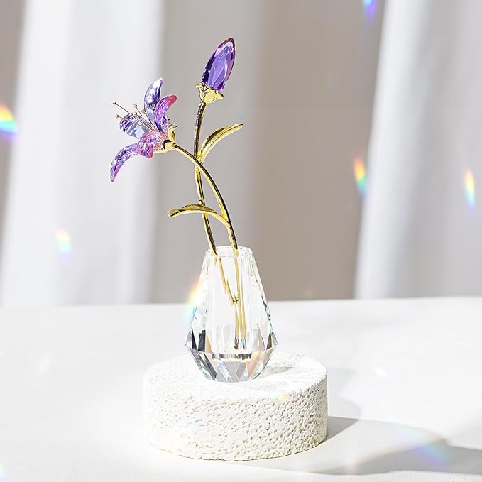 Crystal Lily Figurine, Glass Flowers with Stem,Flower Collectible Gifts for Woman, Wedding Party Decor(Purple)