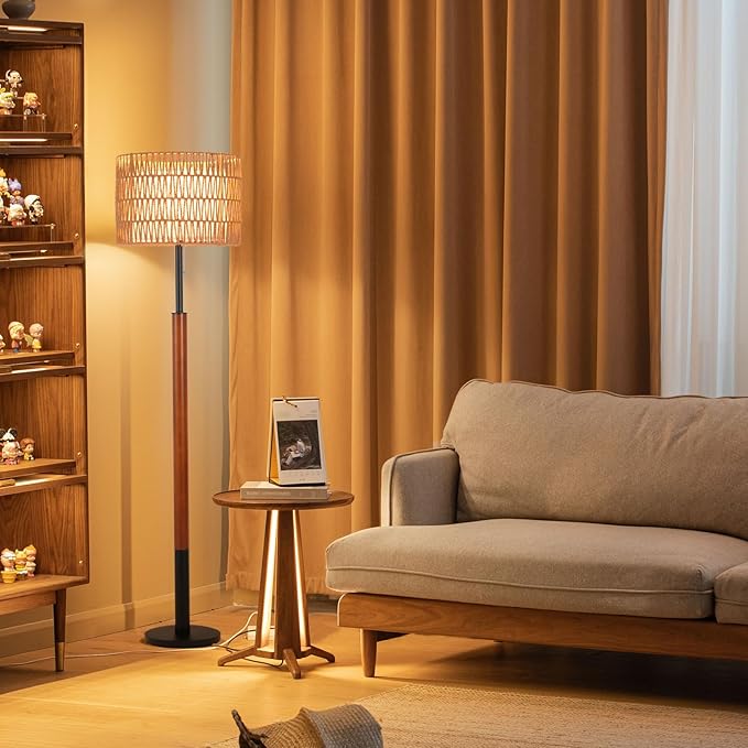 Boho Floor Lamps for Living Room, Rattan Floor Lamp with 3-Way Dimmable Bulb, Wood Floor Lamp with Rattan & Fabric Shades, Solid Wooden Pole Boho Standing Lamps, Large Floor Lamps for Bedroom Office