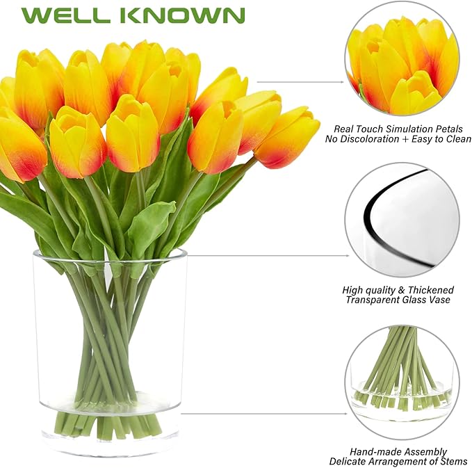 WELL KNOWN 20 Pcs Tulips Artificial Flowers in Vase with Faux Water, Faux Tulips Real Touch, Floral Arrangements Artificial with Vase Centerpiece for Bathroom Home Decoration Orange