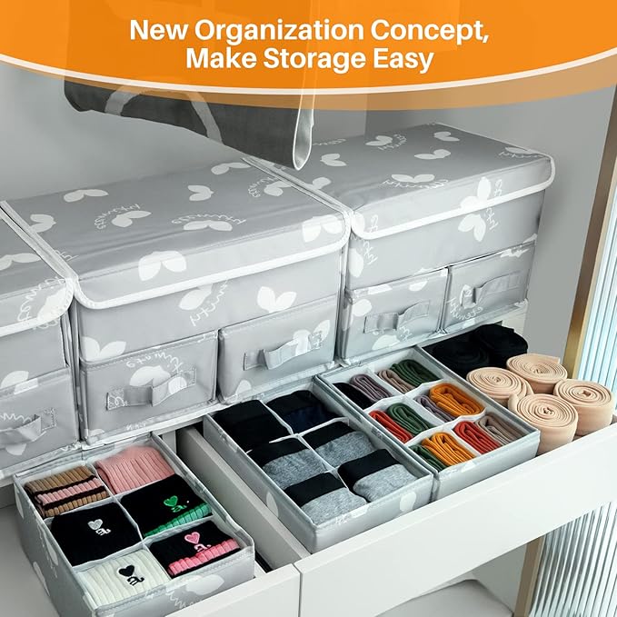Sock Underwear Drawer Divider - Closet Organizers and Dresser Organizer Wardrobe Clothes Box Storage Bins with Lid for Bra, Leggings, Shirt, Panty (1 Pack, Grey)