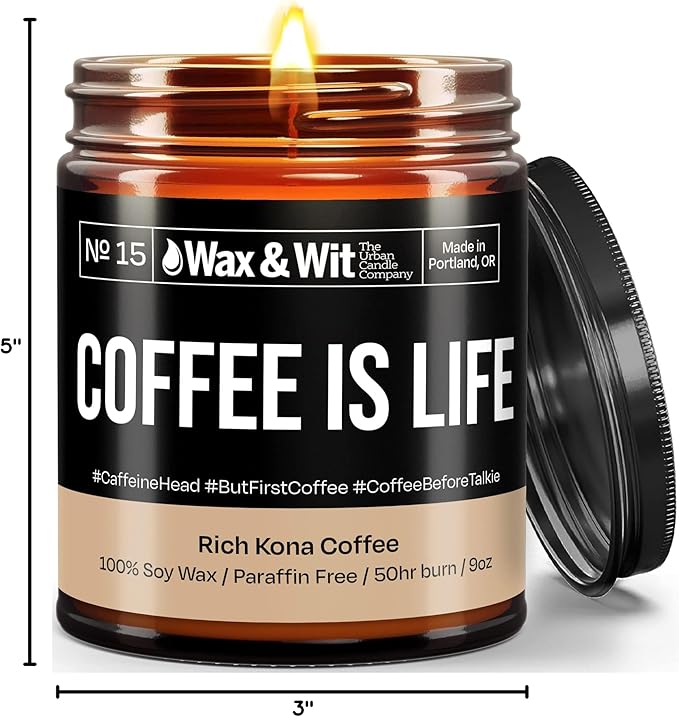Wax & Wit Funny Soy Coffee Candle Gift for Women - Humorous, Aromatherapy Soy Wax Candle, Ideal for Housewarming, Coworker, Birthday – Rich Kona Coffee - 9oz