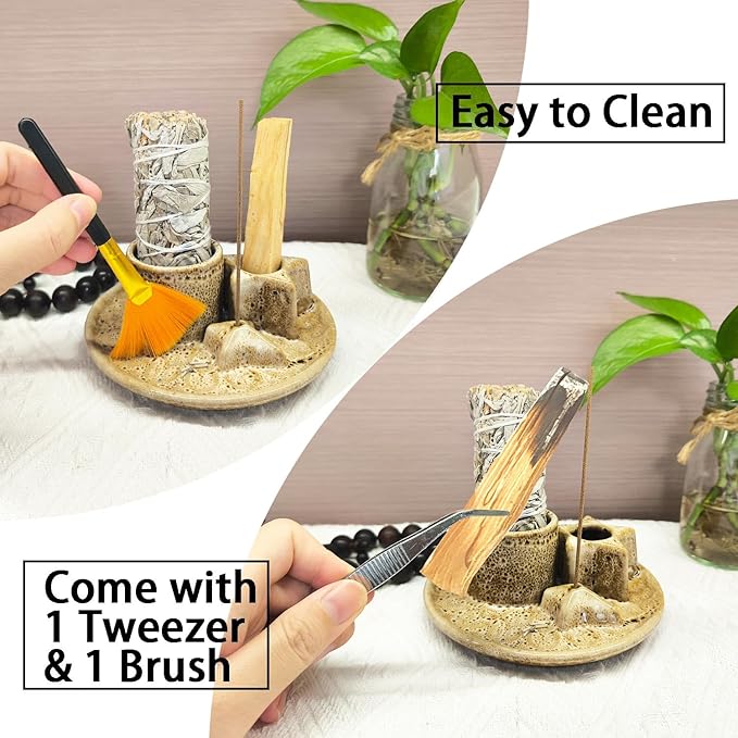 Sage and Palo Santo Holder,4 in 1 Incense Burner Holder for Sticks,Ceramic Sage Holder for Burning,Candle Holder,Ash Catcher Tray for Meditation Yoga,Black