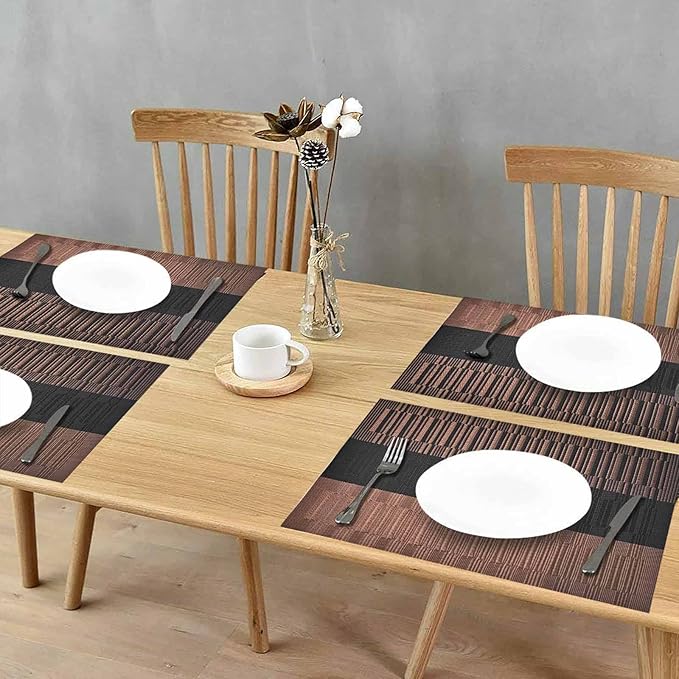 GIVERARE Placemats Set of 4, Heat-Resistant Woven Vinyl Placemat, Non-Slip Washable PVC Table Mat, Easy to Clean Premium Plastic Mats for Dining, Kitchen Table (Black+Brown)