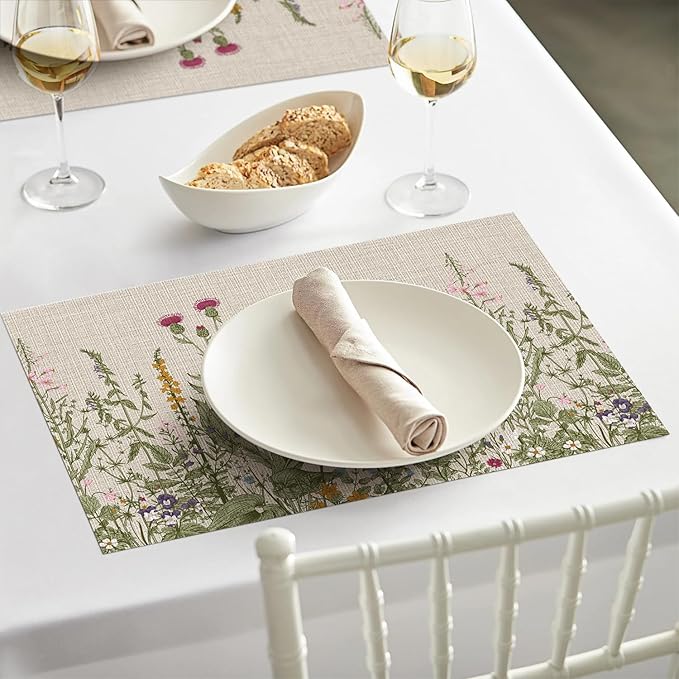 Artoid Mode Wildflower Vinyl Placemats Set of 4, Washable Non-Slip Plastic PVC Table Mats for Spring Party Kitchen Dining Decor, 12x18 Inch