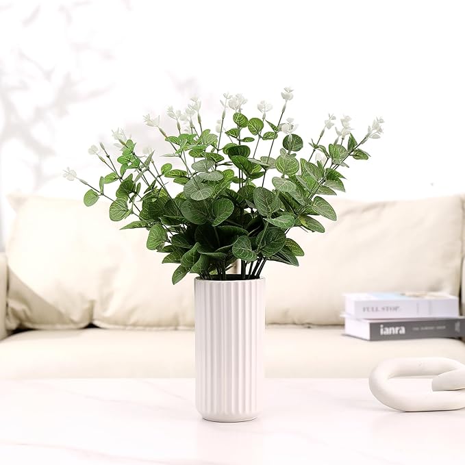 White Ceramic Vase for Flowers, Modern White Vase for Home Decor, Tall Ribbed Vase for Living Room, Office, Mantel, Bookshelf, Dining Table, 8 inches