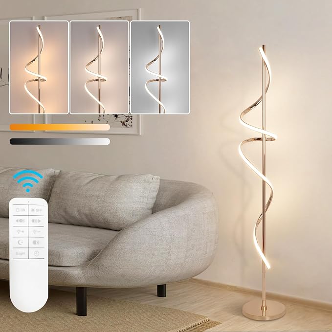 LED Floor Lamp for Living Room, 60 inches Spiral Floor Lamp with Remote Control, 48W, 3 Color Temperatures,Dimmable, for Bedroom, Office Gold