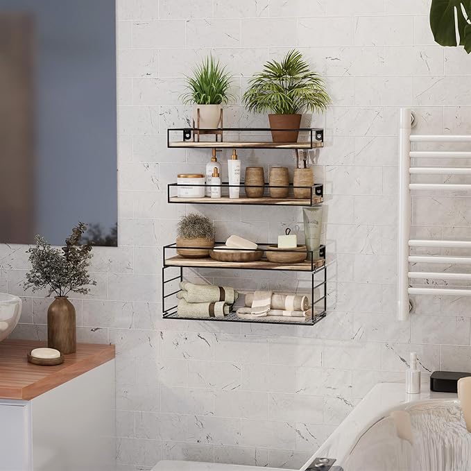 Wall Mounted Bathroom Shelves Over Toilet, Farmhouse Wall Floating Shelf with Guardrail, Bathroom Decor for Bedroom Living Room Kitchen, Rustic Brown (16.2 Inch Set of 3)