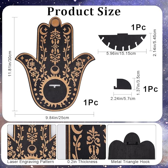 CREATCABIN Hamsa Crystal Display Shelf Wooden Moon Sun Crystal Holder Shelves Hamsa Hand Wall Decor Mounted Floating Shelf Stand Organizer for Witch Stuff Altar Spiritual Gift Black 9.8 x 11.8Inch