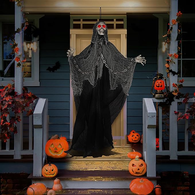 71'' Life Size Halloween Decorations, Halloween Skeleton with Light-Up Eyes & Sound Adjustable Arms Swaying Body Voice/Touch Sensing, Halloween Animatronics for Indoor/Outdoor Yard Lawn Decor, black