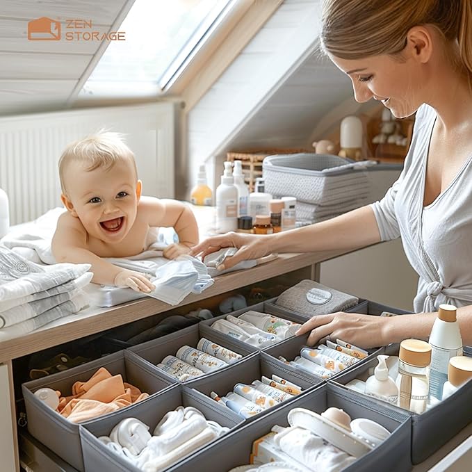 16 Pack Drawer Organizer for Baby Clothes, Fabric Nursery Organizer for Baby Diaper, Collapsible Deep Fabric Drawer Organizer with Zipper for Socks, Bra, Towels, Ties, Grey