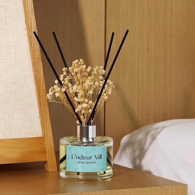 L'odeur Vill Reed Diffuser Set, 6.7 oz(200ml) White Jasmine Scented Diffuser with 6 Oil Diffuser Sticks, Home Fragrance Essential Oil Reed Diffuser for Home Large Rooms Bathroom Shelf Decor