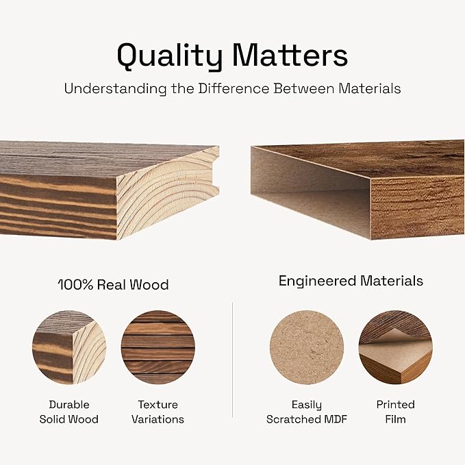 BAOBAB WORKSHOP Wood Floating Shelves Set of 2 - Rustic Shelf 24 inch - Floating Shelf for Wall Mounted - Wide Wooden Wall Shelves for Living Room Bedroom Kitchen Bathroom - Walnut - 24D x 6.7W