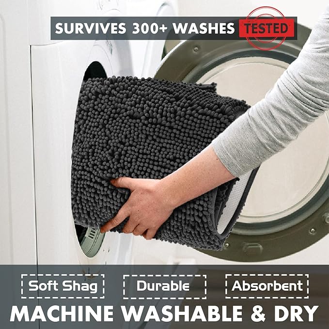 LuxUrux 2 Piece Bathroom Rug Set - Premium Plush Bath Mat Shower Rugs, 1" Chenille Microfiber, Non-Slip & Absorbent, Soft & Cozy, Durable Stylish (20x30 & 16x24 inches, Black)
