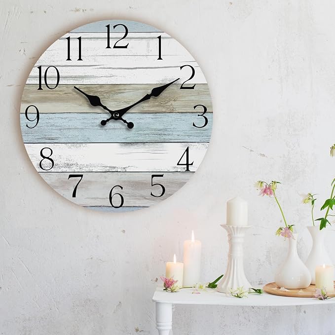 HYLANDA Wall Clock, 12 Inch Wall Clocks Battery Operated Silent Non Ticking, Wooden Clocks Decorative for Kitchen, Bathroom, Bedroom, Living Room Blue