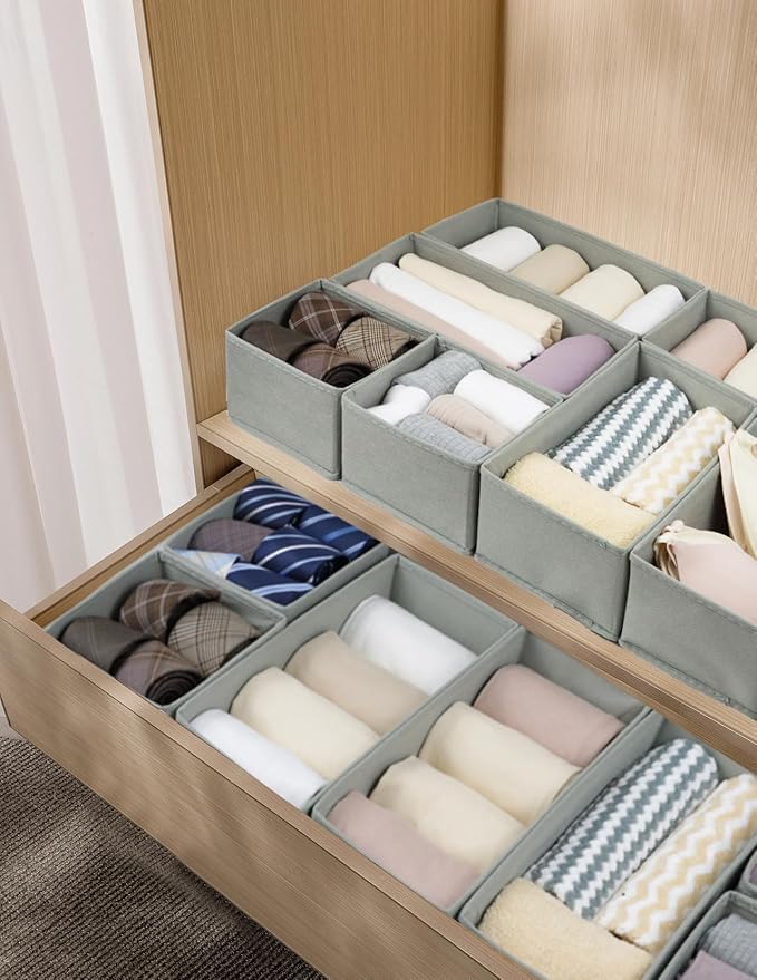 Set of 12 Drawer Organizer, Fabric Closet Organizer and Storage Baskets,Foldable Drawer Divider for Clothing,Sock,Ties,Underwear Drawer Organizers,Set of Cabinet Storage Boxes (Gray)