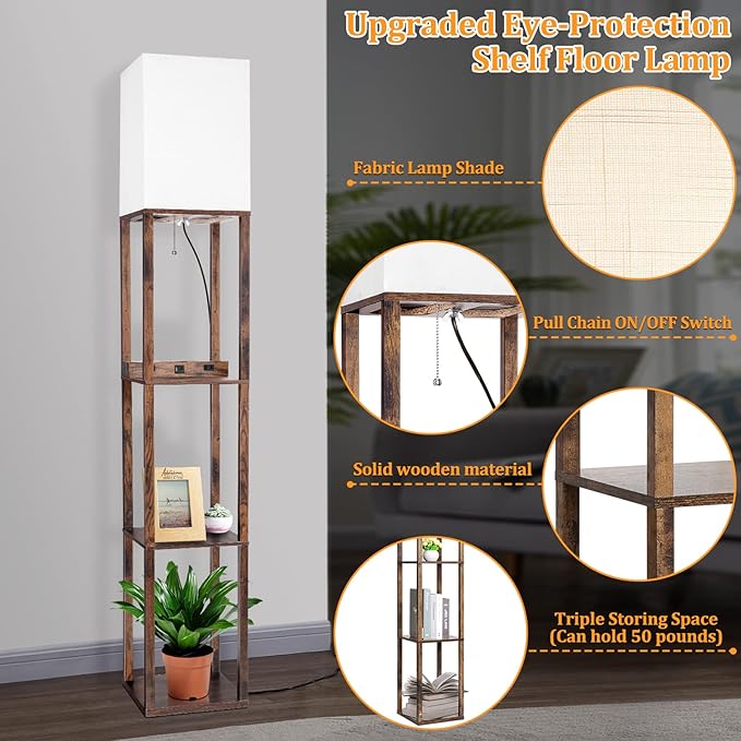 Dott Arts Floor Lamp with Shelves, Shelf Lamp with Wireless Charger & USB A+C Ports & 2 AC Outlets,3 Color Temperature Corner Tall Standing Floor Lamps for Living Room, Bedroom, Office (Brown)