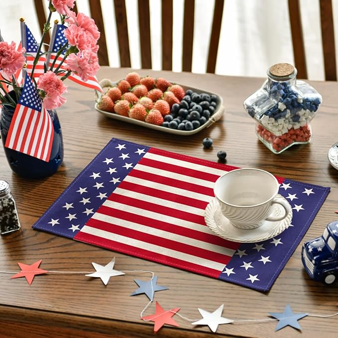 Artoid Mode Watercolor Stripes and Stars 4th of July Placemats Set of 4, 12 x 18 Inch Patriotic Memorial Day Seasonal Holiday Table Mats for Dining Table Decoration
