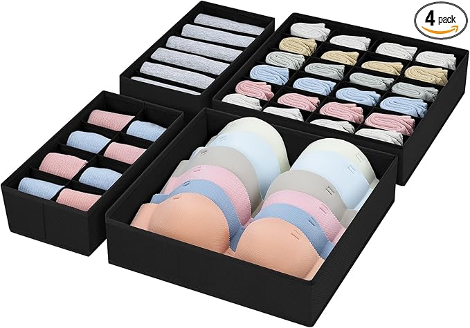Drawer Organizers for Clothing, Sock Organizer for Dresser Drawer Organizer, Foldable Underwear Organizer for Drawer, Panty Clothing Closet Organizers, Black, Set of 4