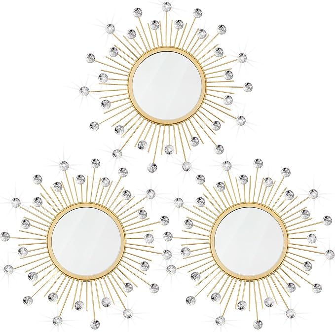 3 Pack Metal Mirrors for Wall Sunburst Wall Mirrors Home Décor Decorative Hanging Wall Art for Living Room Bedroom Entryway (Gold Crystal, Sunburst)
