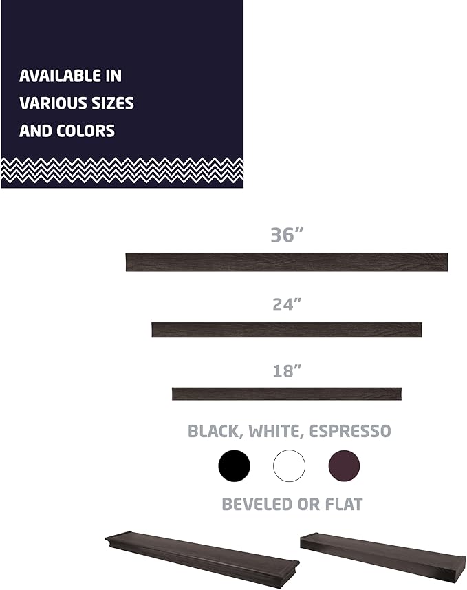 HIGH & MIGHTY 515665 Modern 36" Floating Shelf Holds up to 25lbs, Easy Tool-Free Dry Wall Installation, Flat, eCommerce Packaging, Espresso