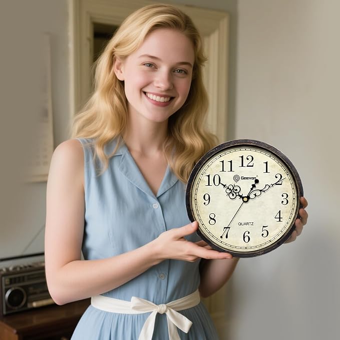 Geevon Vintage Wall Clock 10" Silent Non-Ticking - Retro Round Quartz Battery Operated Decorative Clock for Kitchen, Living Room, Bedroom, Office, Classroom